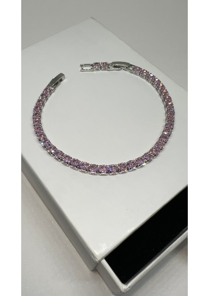Gümüş Pırlanta Montür 4mm Pembe Taş Suyolu Bileklik 15+3cm modelleri