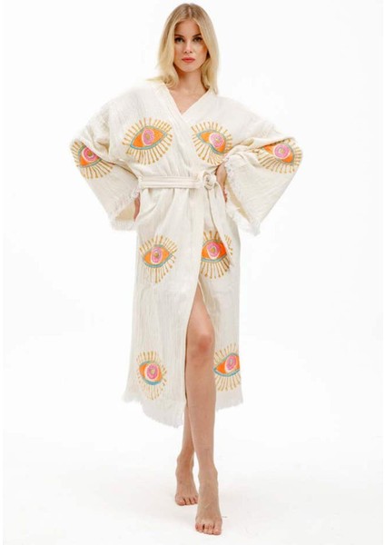 Elif Towels Ekru Renk Taş Baskı Kimono Kaftan