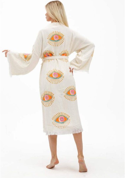 Elif Towels Ekru Renk Taş Baskı Kimono Kaftan