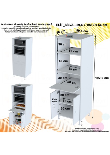 Modilayn ELİT SİLVA 59,6 x 192,2 x 56 cm 3 Kapaklı Ankastre Fırın ve Mutfak Dolabı