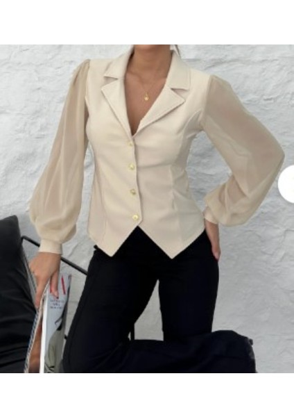 Bej Kruvaze Yaka Kollar Şifon Uzun Kollu Ceket Bluz