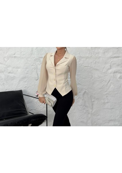 Bej Kruvaze Yaka Kollar Şifon Uzun Kollu Ceket Bluz fiyatları