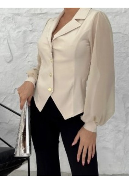 Bej Kruvaze Yaka Kollar Şifon Uzun Kollu Ceket Bluz modelleri