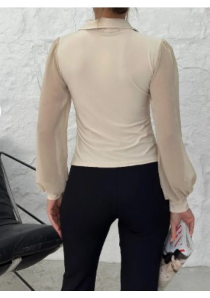 Bej Kruvaze Yaka Kollar Şifon Uzun Kollu Ceket Bluz indirimleri