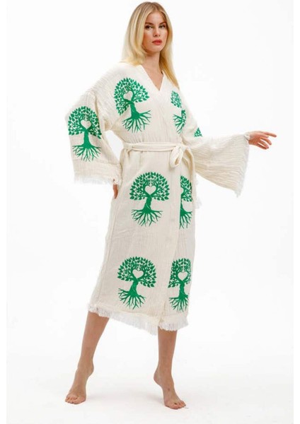 Elif Towels Ekru Renk Taş Baskı Kimono Kaftan