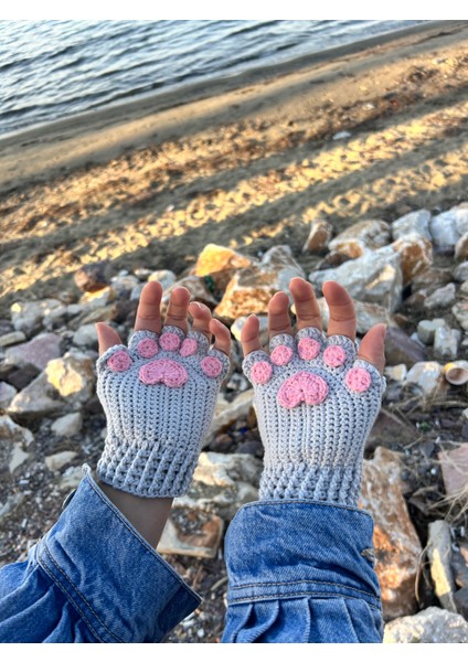Sevimli Kedi Patisi Gri Pembe Örgü Parmaksız Kışlık Eldiven