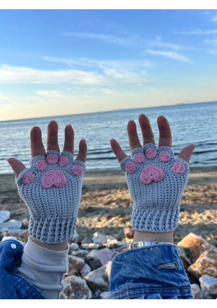 Sevimli Kedi Patisi Gri Pembe Örgü Parmaksız Kışlık Eldiven