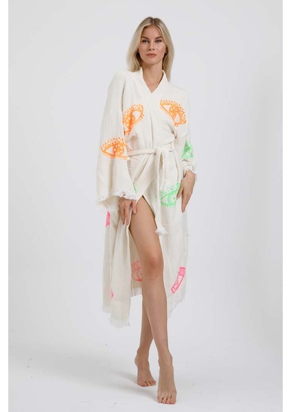 Elif Towels Ekru Renk Taş Baskı Kimono Kaftan