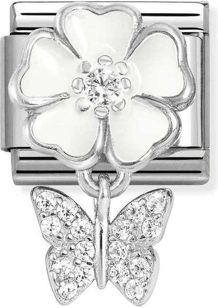 Composable Classic Charms Steel, 925 Sterling Silver, Enamel And Cz White Flower With Butterfly Renkli