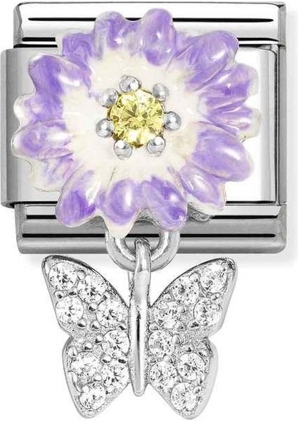 Composable Classic Charms Steel, 925 Sterling Silver, Enamel And Cz Lilac Daisy With Butterfly Renkli
