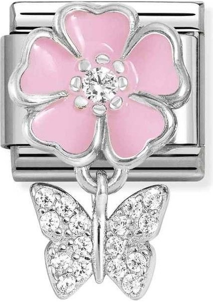 Composable Classic Charms Steel, 925 Sterling Silver, Enamel And Cz Pink Flower With Butterfly Renkli