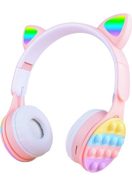 Rgb LED Işıklı Kedi Kulağı Katlanabilir Kulak Üstü B30 Bluetooth Kulaklık Pembe