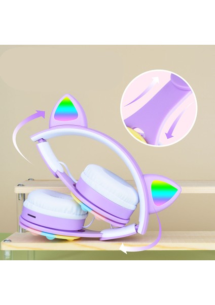 Rgb LED Işıklı Kedi Kulağı Katlanabilir Kulak Üstü B30 Bluetooth Kulaklık Pembe