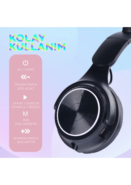 M6 Pro Cat Rgb LED Işıklı Ayarlanabilir ve Katlanabilir Kulak Üstü Bluetooth Kulaklık