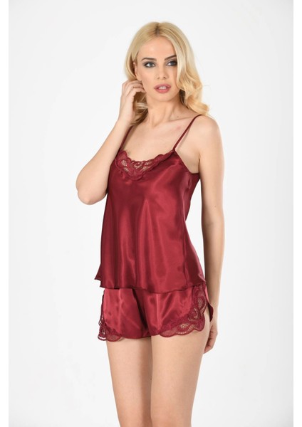 Bordo Saten Babydoll Şortlu Takım - 281