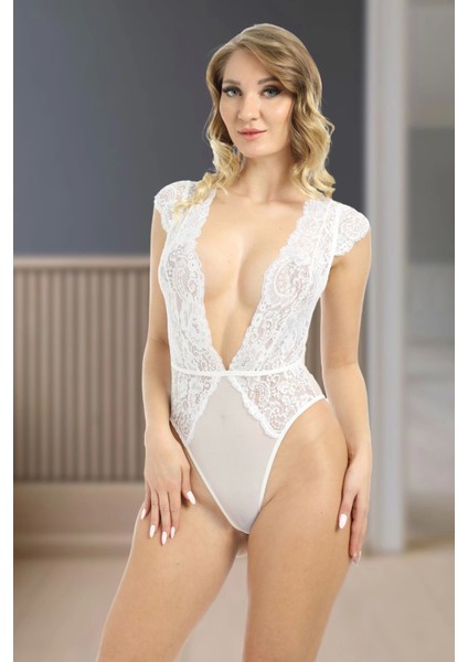 Beyaz Yarım Kol Dantel Bodysuit - 894