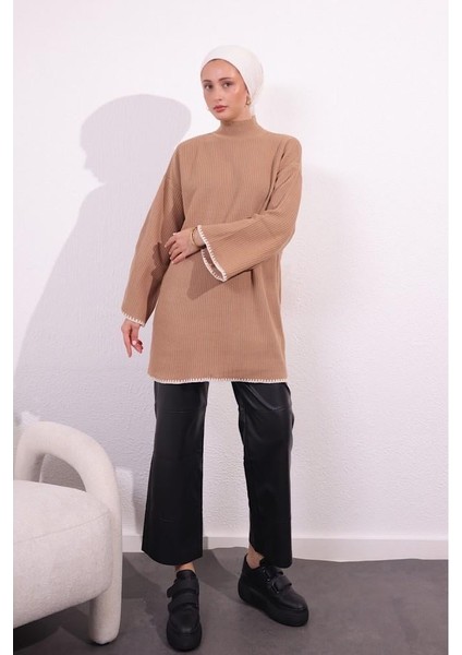 9045 Çoban Dikiş Detaylı Triko Tunik - Camel