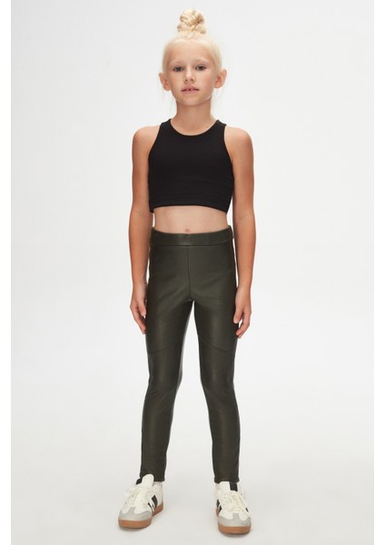 Deniz Yeşili Kız Çocuk Kışlık Deri Pantalon