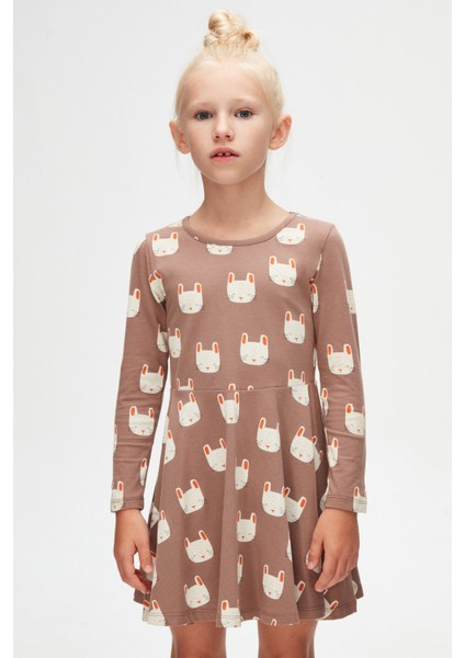 Kız Çocuk Sleepy Bunny Desen Düz Uzun Kol Elbise