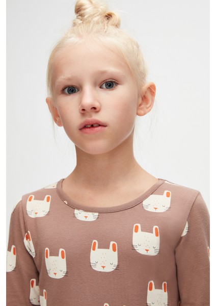 Kız Çocuk Sleepy Bunny Desen Düz Uzun Kol Elbise