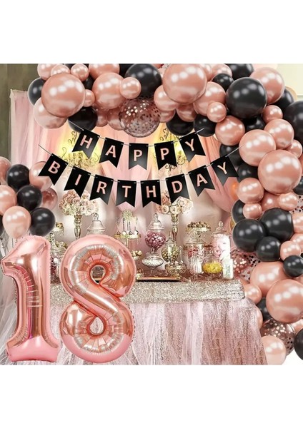 Happy Brithday Rosegold Siyah Renk 18 Yaş Rakamlı Doğum Günü Parti Kutlama Seti
