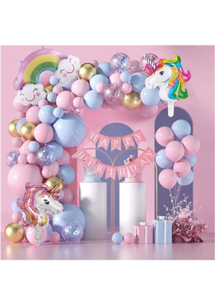 Pembe Rüya Çift Unikornlu Gökkuşağı Temalı Balon Zinciri Doğum Günü Parti Kutlama Seti