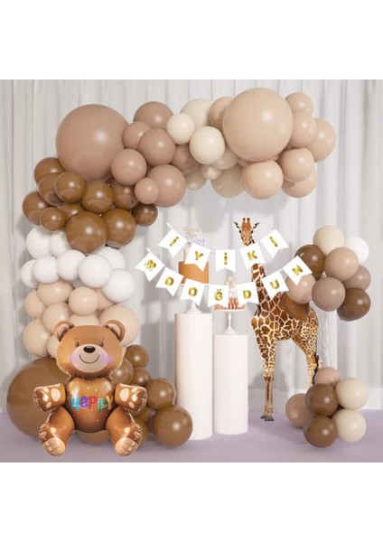 Ayıcık Figürlü Folyo Balon Kahverengi ve Beyaz Balon Zinciri Doğum Günü Süsü