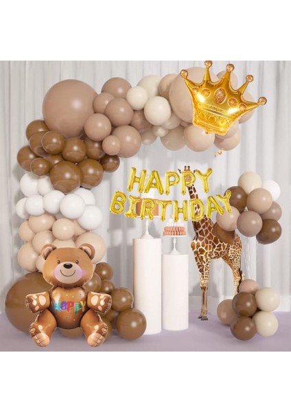 Kral Taçlı Ayıcıklı Happy Birthday Yazılı Kahverengi ve Beyaz Balon Zinciri Doğum Günü Süsü