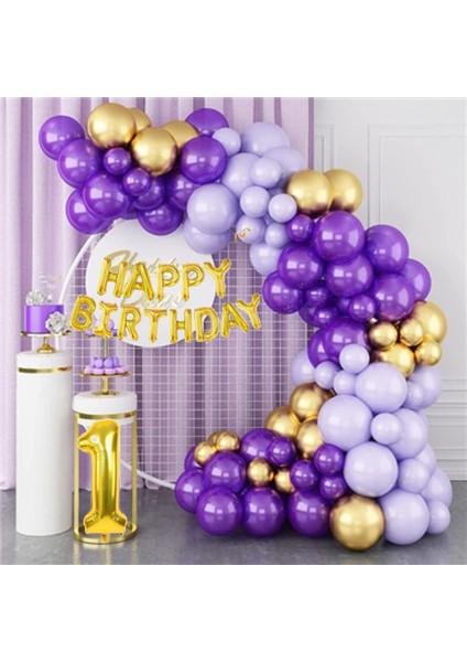 Mor & Lila Tasarım 1 Yaş Rakamlı Happy B Yazılı Balon Zinciri Doğum Günü Parti Kutlama Seti