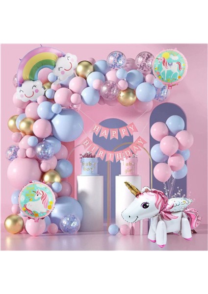 Pembe Rüya Unikornlu Gökkuşağı Temalı Balon Zinciri Doğum Günü Parti Kutlama Seti