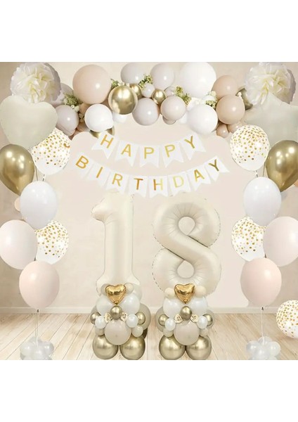 Happy Brithday 18 Yaş Rakamlı Gold ve Beyaz Renk Doğum Günü Parti Kutlama Seti