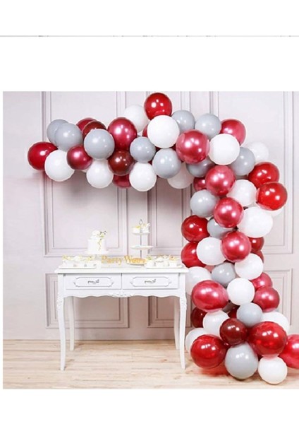 Mini Balon Zinciri Kırmızı Beyaz Gri Parti Malzemesi Doğum Günü Süsleme Seti