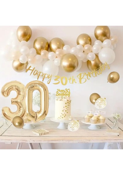 Happy Brithday 30 Yaş Rakamlı Gold&beyaz Mini Doğum Günü Mezunuiyet Özel Gün Parti Kutlama Seti