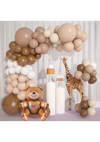 Ayıcıklı Kahverengi ve Beyaz Balon Zinciri Doğum Günü Süsü