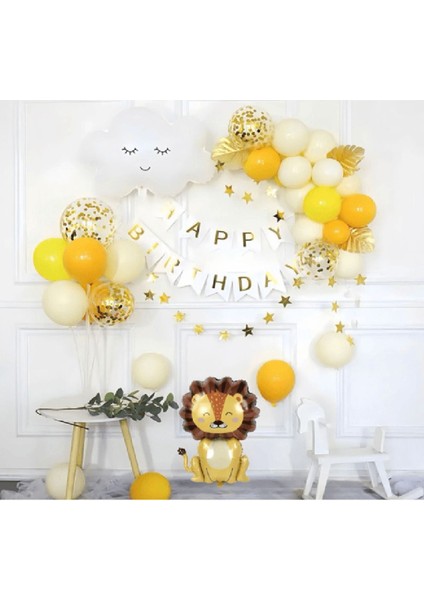 Aslan ve Bulut Figürlü Sarı Kum Beji Balon Zinciri Doğum Günü Parti Süsleme Seti