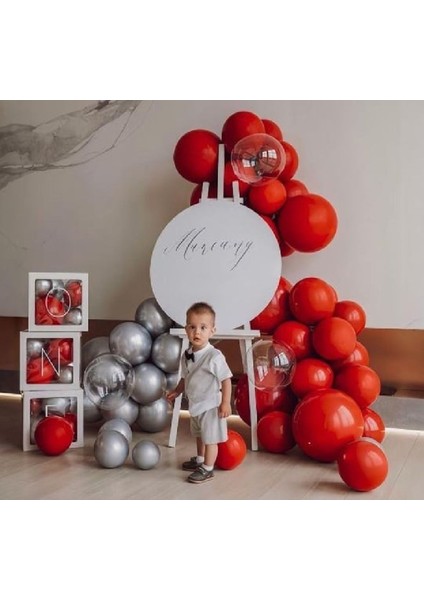 Mini Kırmızı ve Gümüş Metalik Balon Zinciri Doğum Günü Parti Süsleme Seti