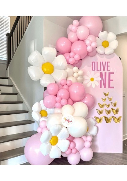 Papatya Çiçeği Temalı Pembe ve Beyaz Balon Zinciri Doğum Günü Parti ve Açılış Süsleme Seti