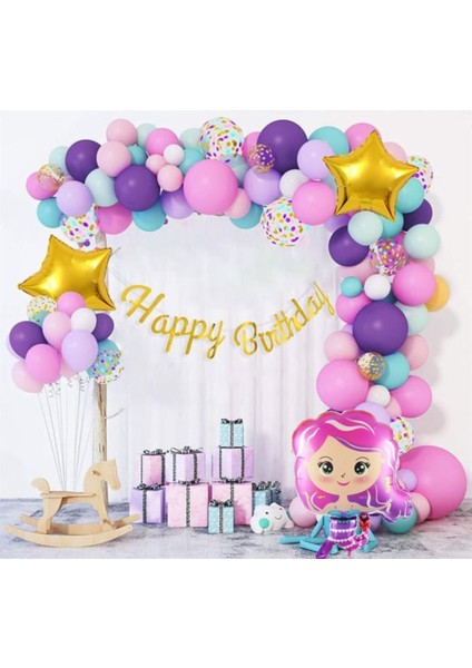 Mor Rüya Konsept Deniz Kızı Temalı Balon Zinciri Yıldızlı Doğum Günü Parti Kutlama Seti