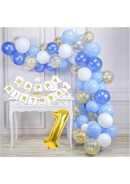 Mavi Gökyüzü Kuşağı 1 Yaş Rakamlı Konsept Balon Zinciri Doğum Günü Süsleme Parti Kutlama Seti