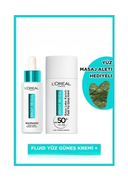 L'oréal Paris Bright Reveal Spf 50+ Koyu Leke Karşıtı Yüz Güneş Kremi +  L'oréal Paris Bright Reveal Koyu Leke Karşıtı Serum Guasha Masaj Taşı Hediyeli