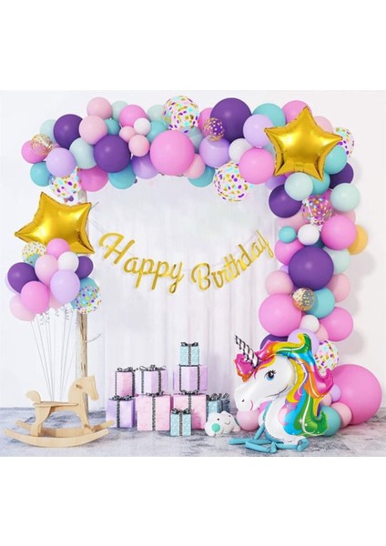 Mor Rüya Konsept Unikorn Atı Temalı Balon Zinciri Yıldızlı Doğum Günü Parti Seti