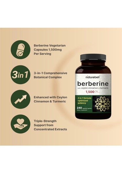 Berberine 1500mg, 240 Veggie Capsul 1000mg True Ceylon Cinnamon & 300mg Turmeric.