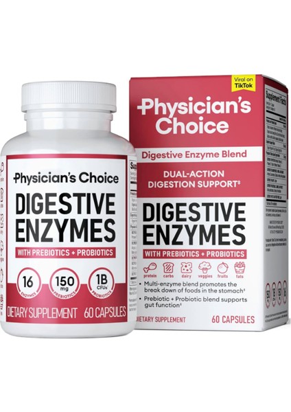 Physician's Choıce Digestive Enzymes - Multi Enzymes, Organic Prebiotics & Gut Health - Meal Time Discomfort Relief & Bloating - Dual Action Approach - 60 Capsul