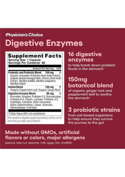 Physician's Choıce Digestive Enzymes - Multi Enzymes, Organic Prebiotics & Gut Health - Meal Time Discomfort Relief & Bloating - Dual Action Approach - 60 Capsul