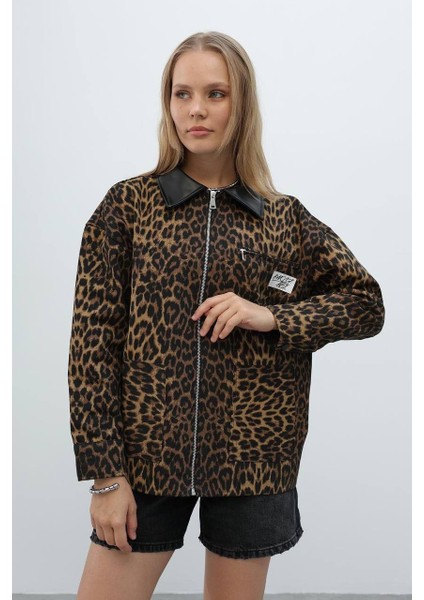 Kadın Deri Detaylı Astarlı Leopar Desenli Ceket