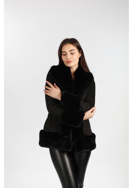 Kadın Siyah Suni Kürk Detaylı Süet Mont