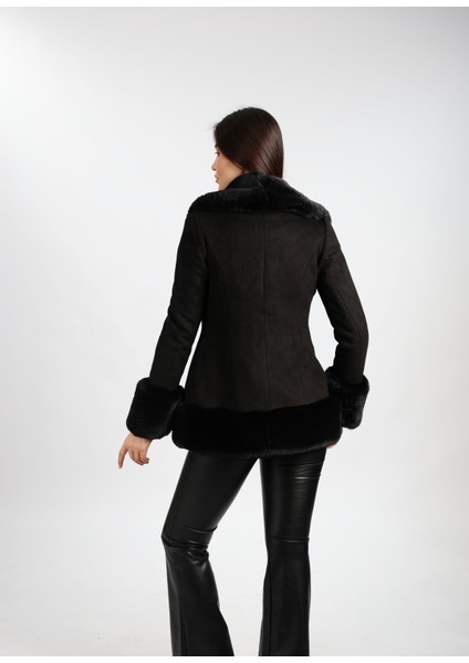 Kadın Siyah Suni Kürk Detaylı Süet Mont indirimleri