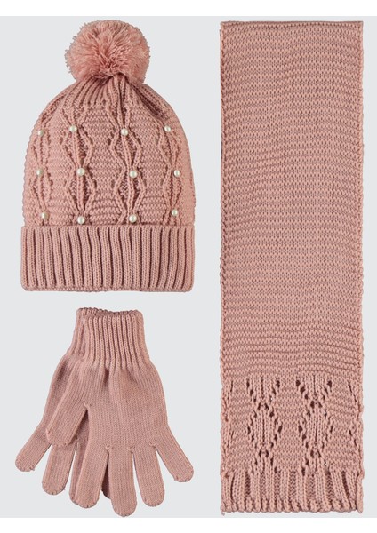 Kız Çocuk Atkı Bere Eldiven Set 10-13 Yaş Gül Kurusu