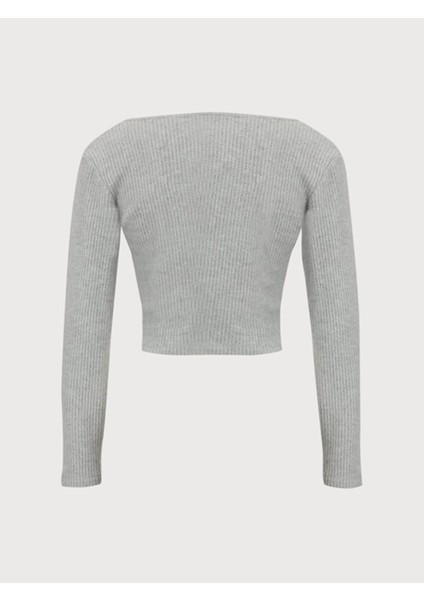 Fitilli V Yaka Crop Gri Sweatshırt