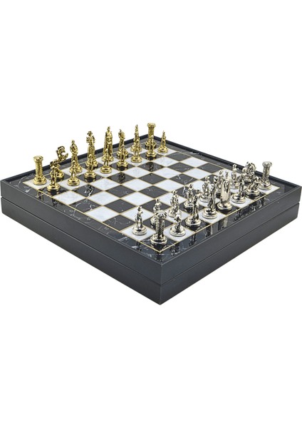 Gifthome Orta Boy Metal Ingiliz Satranç Takımı Parlak ve Mermer Desenli Sandıklı Mdf TAHTASI(36X36X6 Cm.)